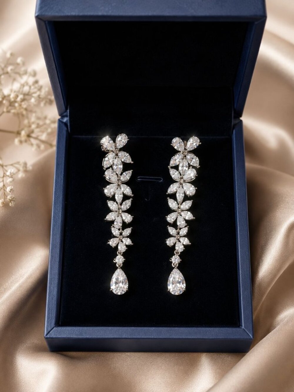 Silver‑Plated Pear Cut Dangle Earrings – Push Back Closure – New Gift Box